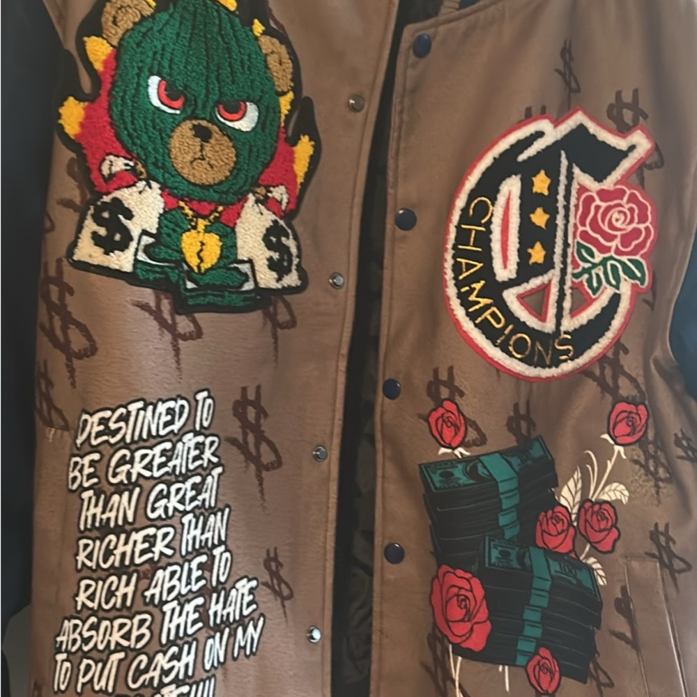 Reason Brown Varsity Jacket with Graphic Designs